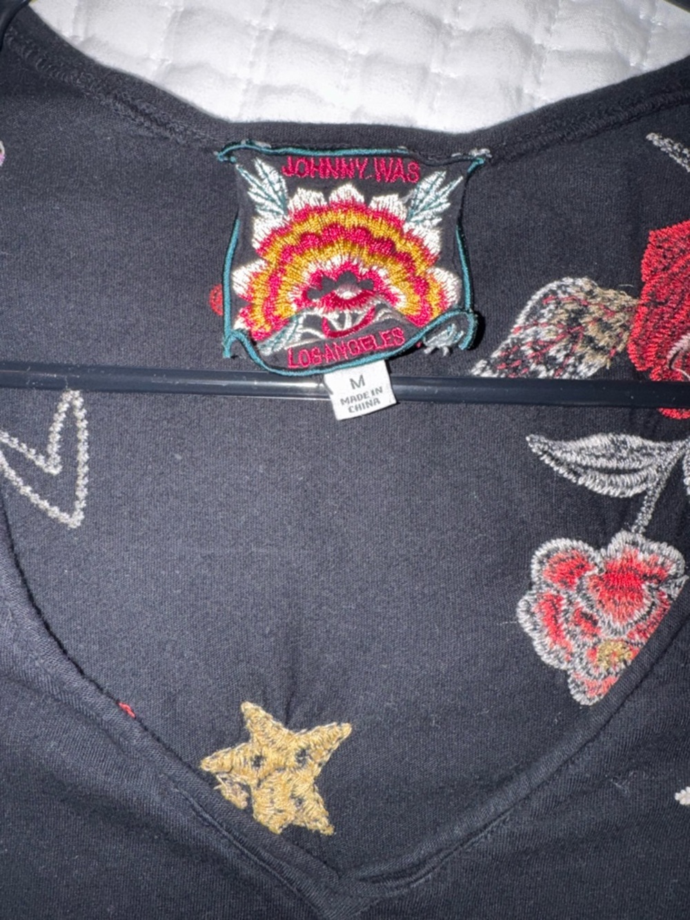 Johnny Was Black Tee with Colorful Embroidered Floral & Star Accents - Picture 2 of 3